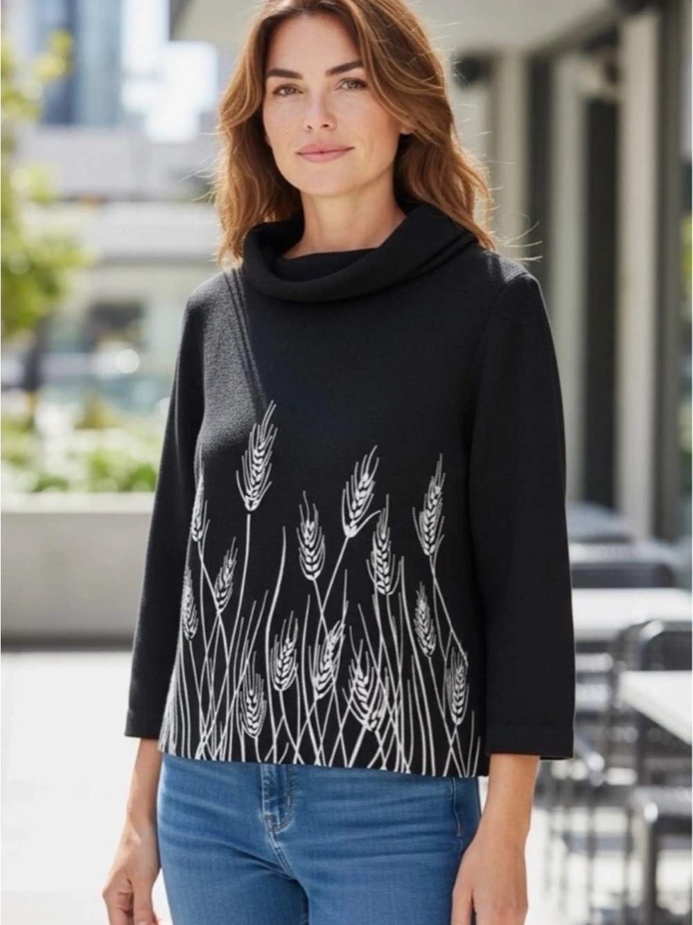 St. John Vintage Black & White Wheat 3/4 Sleeve Cowl Neck Sweater